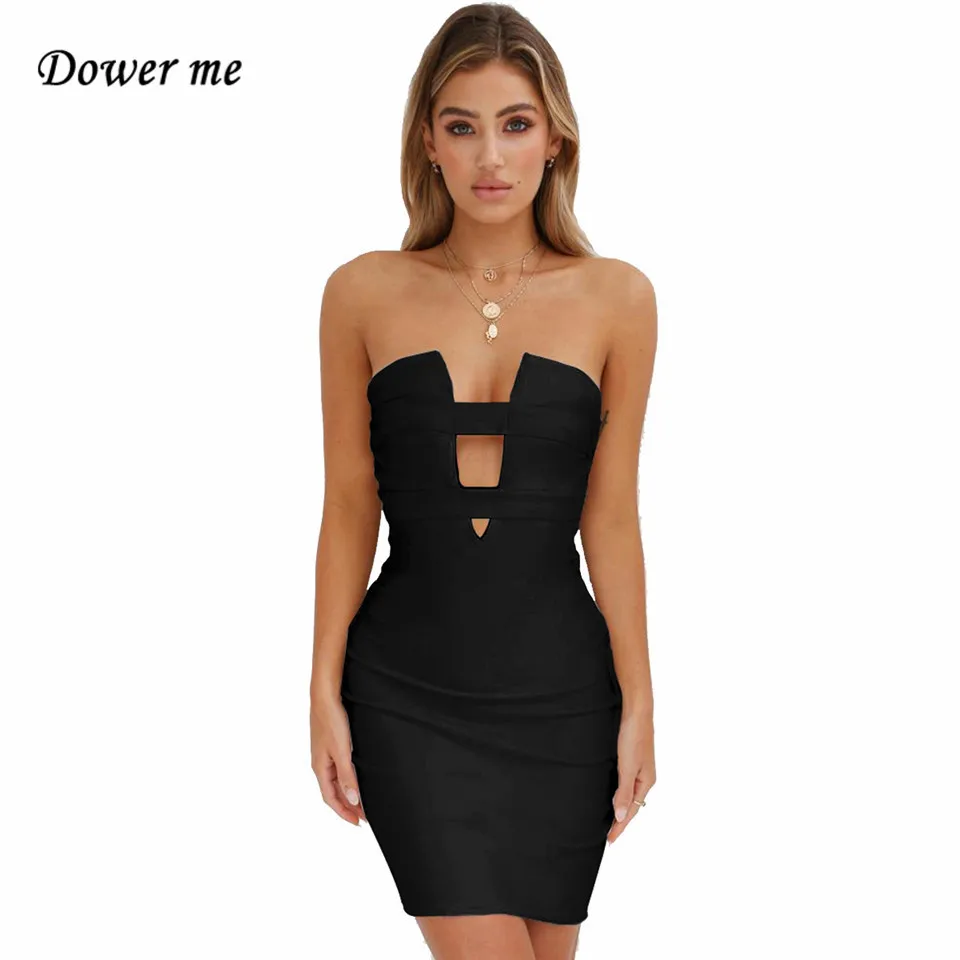 

Dower me Night Club Summer Dresses Sleeveless Sexy Above Knee Length Straight White Black Red Fashion Strapless Party dress Y023