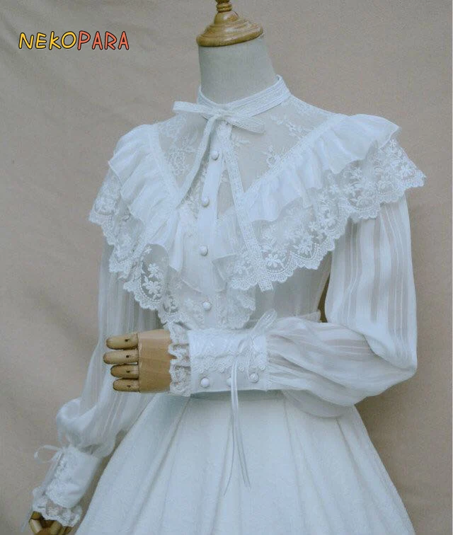 

2017 Gorgeous Women's Palace Style Lolita Chiffon Long Sleeve Blouse Transparent Collar Fine Lace Shirt Tops White & Black