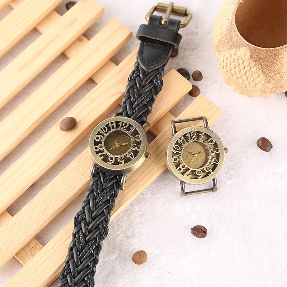 Bohemian Style Lady's Watches Handcraft Black Knitted Leather Watch Band Hollow Arabic Numerals Skeleton Casual  Bracelet Gift (13)