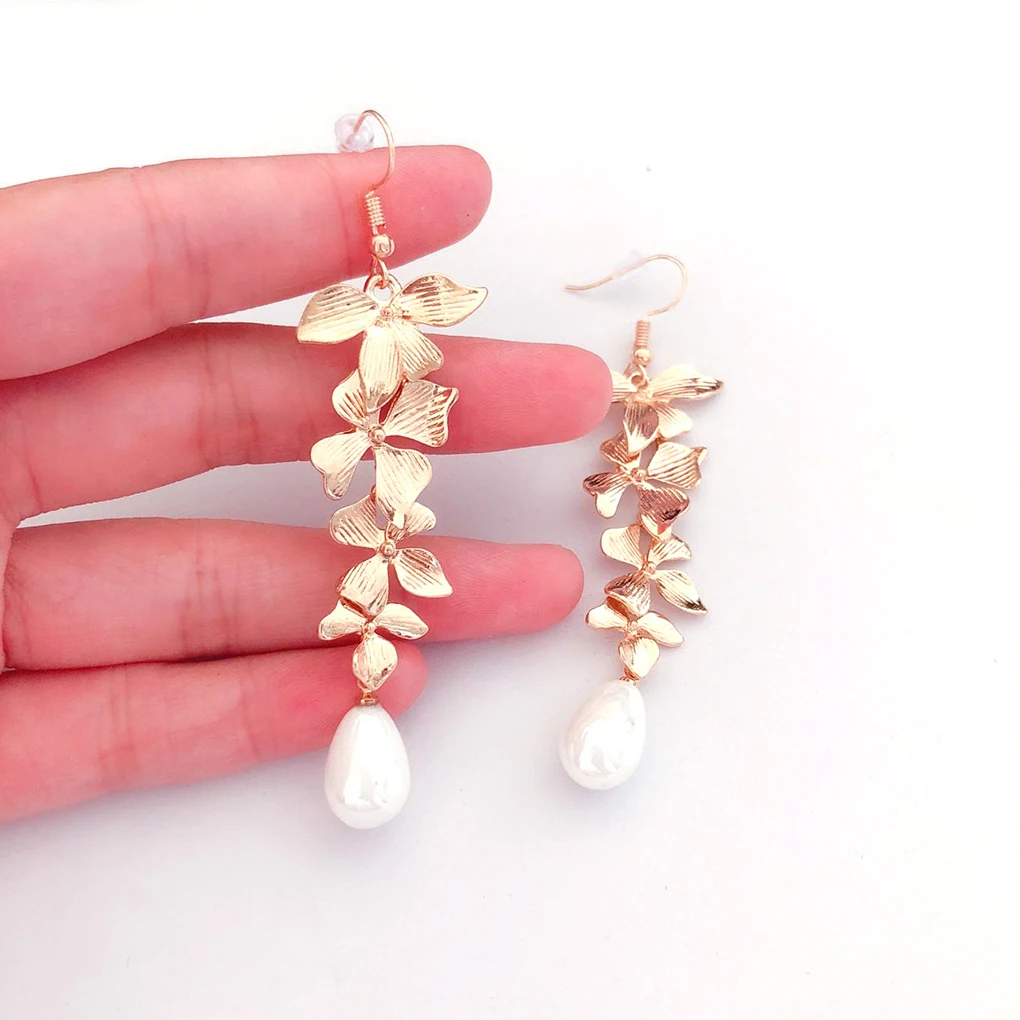 

Girl Elegant Gold Orchid Matte Eardrop Women Flower Long Dangle Hook Pendant Earrings Jewelry
