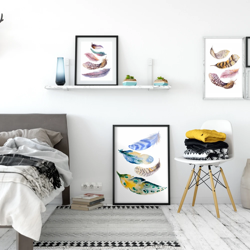 Nordic Watercolor Painted Painting Birds Feather Print Canvas Poster