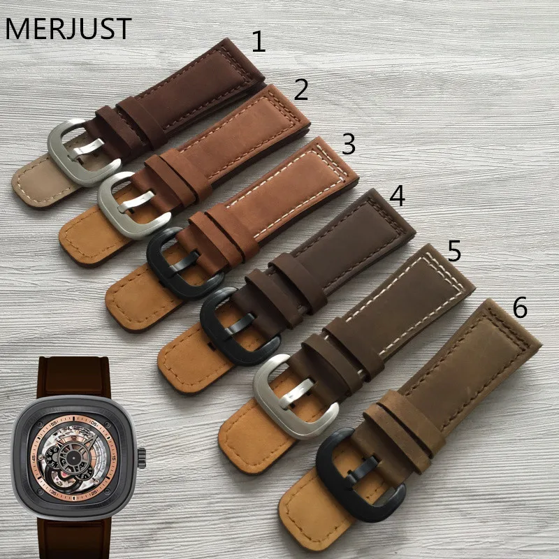 

MERJUST brown Handmade Leather For Men Friday Watchbands 28MM * 24MM Retro Crazy Horse Strap, Gift Installation Tools