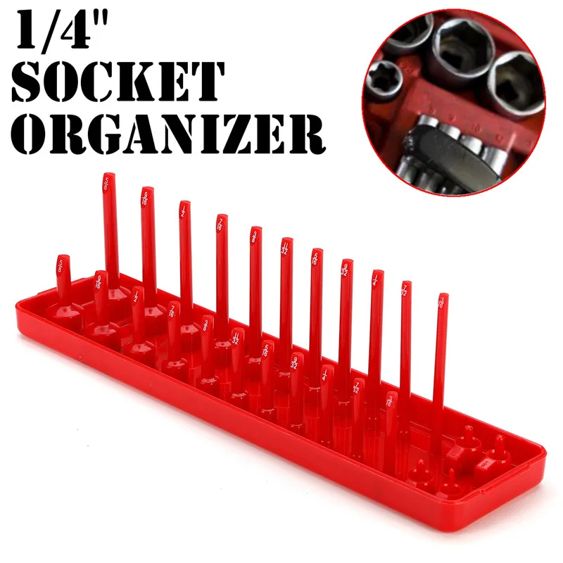 

Socket Organizer 1/4 in Drive SAE Deep Standard 26 Sockets Total Molded Plastic Tray with Stubs for Metric Deep Standard Sockets