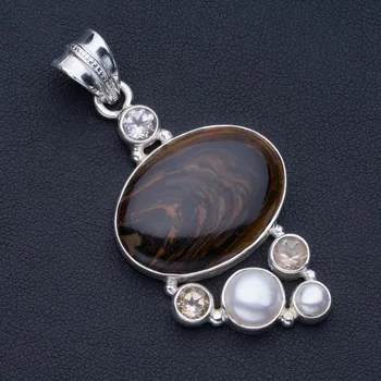 

Natural Imperial Jasper,River Pearl and Citrine Punk Style 925 Sterling Silver Pendant 2 1/4" P0891