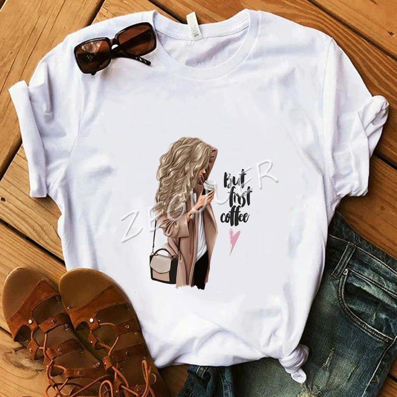 

Coffee Girl Graphic T-Shirt But First Coffee Lady White Cute T-Shirt Women Cotton Soft O-Neck Tees Summer Casual Hipster Tops