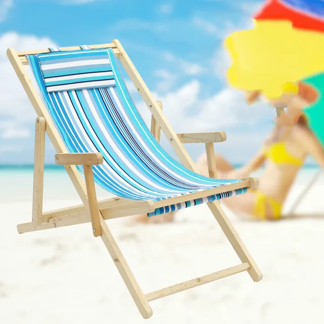 Simple Foldable Portable Beach Chair Solid Canvas Oak Wooden Lounge Simple Foldable Portable Beach Chair Solid Canvas Oak Wooden Lounge Soft Leisure Reclining Sunbathe Cadeira
