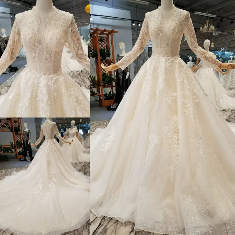 LS217770 глубокий V-образным вырезом свадебное платье длинные кружевные тюль рукав бальное платье кружева цветы свадебное платье из фарфора