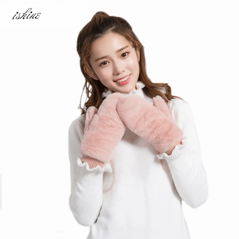 

1Pair=2Pcs Pink Fingerless Gloves Winter Women Rabbit Plush Mittens For Skiing Snowing Black Coffee Apricot Luvas