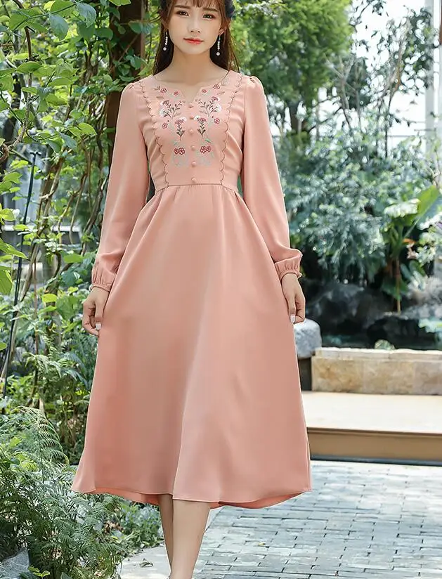 

Free Shipping HIgh Quality Fashion V Collar Flower Embroidery Lantern Sleeve Woman Long Cotton Dress Orange