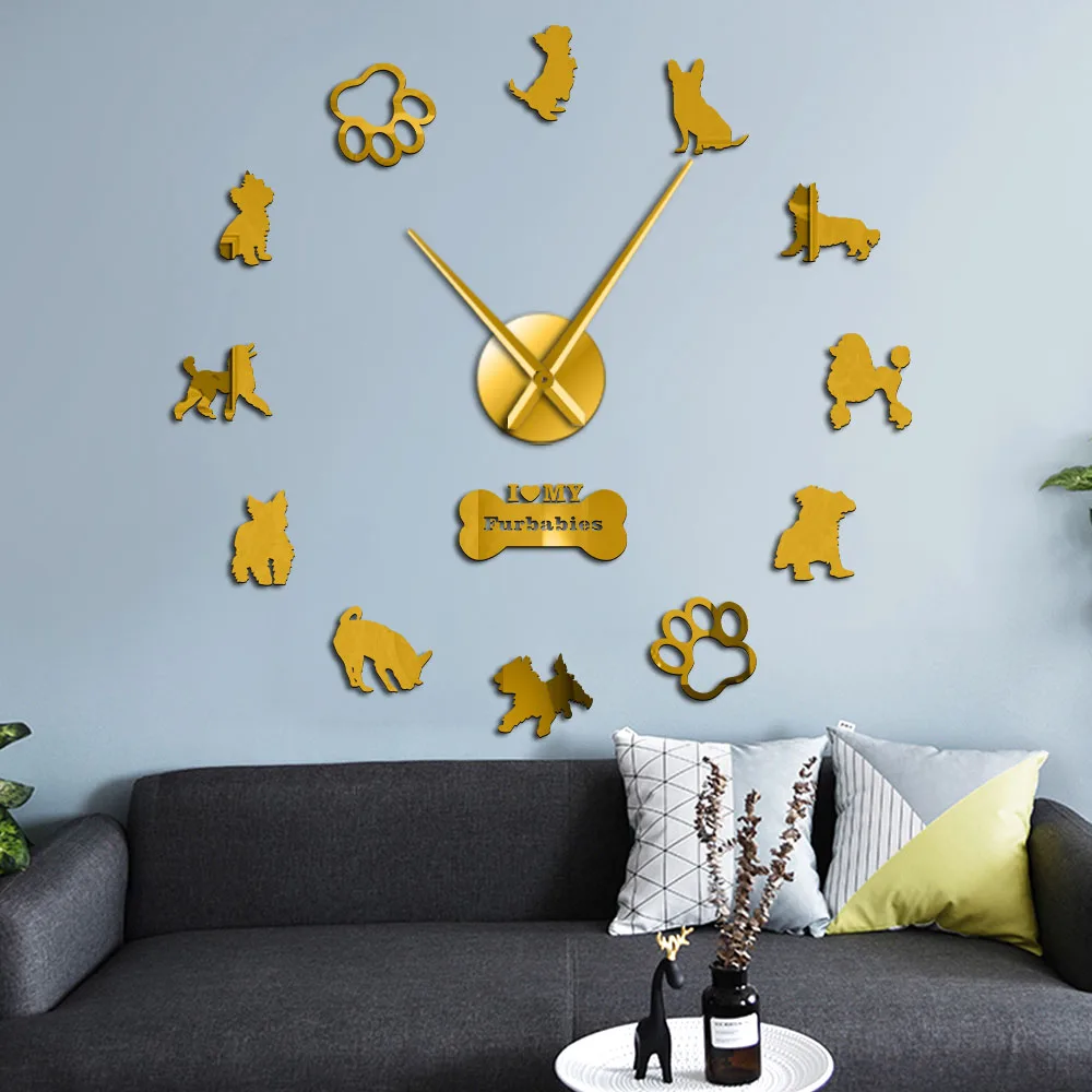 English Toy Terrier Poodles Yorkshire Terriers Mixed Dog Breeds Wall Art Home Decor DIY Giant Wall Clock Dog Pets Hanging Watch