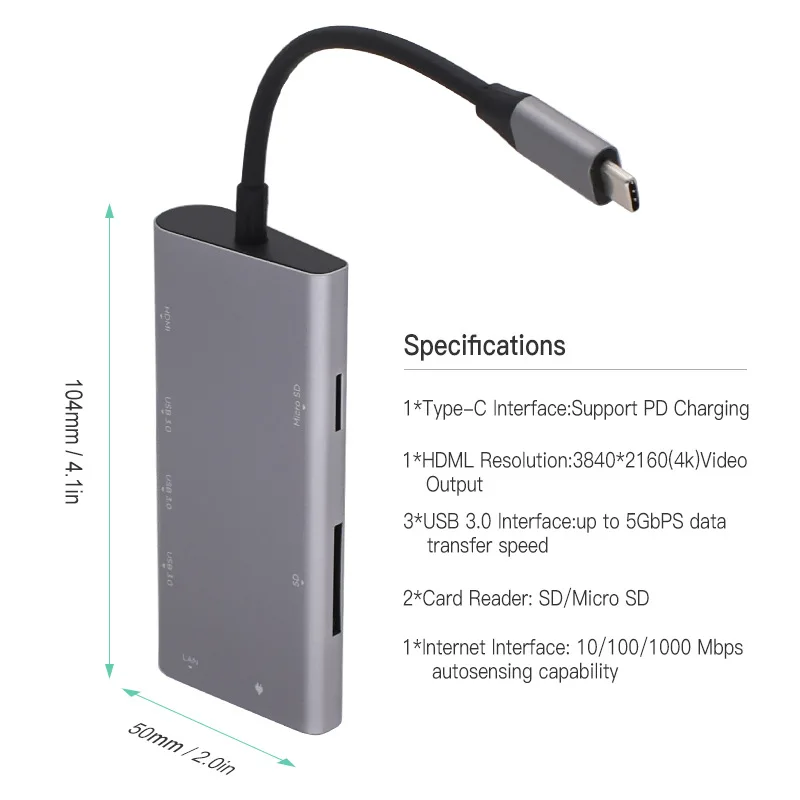 8-in-1 USB C Adapter with 4K HDMI1Gbps RJ45 Ethernet Port USB 3.0 SD/TF Card Reader100W PD Charging Port