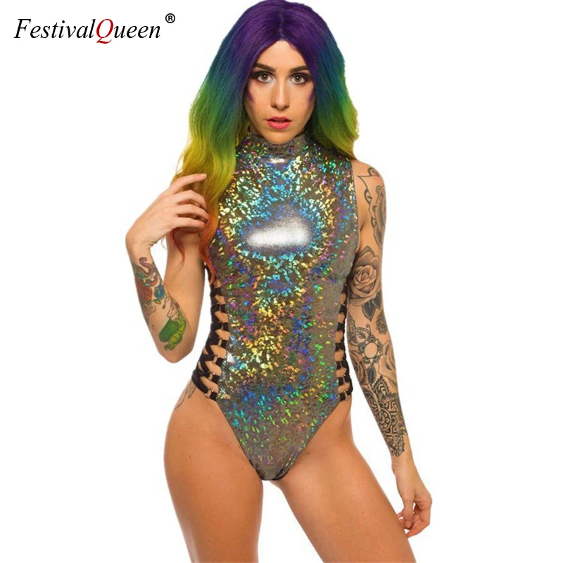 Женское боди с голографическим рисунком FestivalQueen серые вечерние комбинезоны