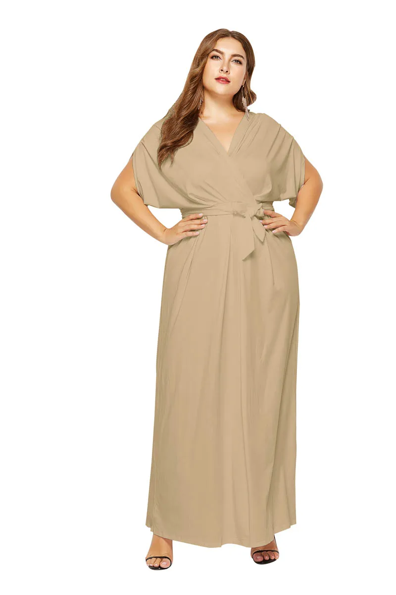 Женское вечернее платье размера плюс, v-образный вырез, свободное, синее, длина в пол, для особых случаев, макси платье, на каждый день, Vestido eDressU LMT-FP3004 - Цвет: Хаки