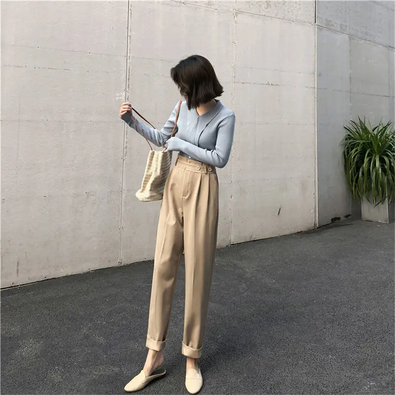 HziriP Korean Pants Casual Harem Pants Fashion Loose Slim Wild High Waist High Quality Solid Fresh Trousers 3 Colors