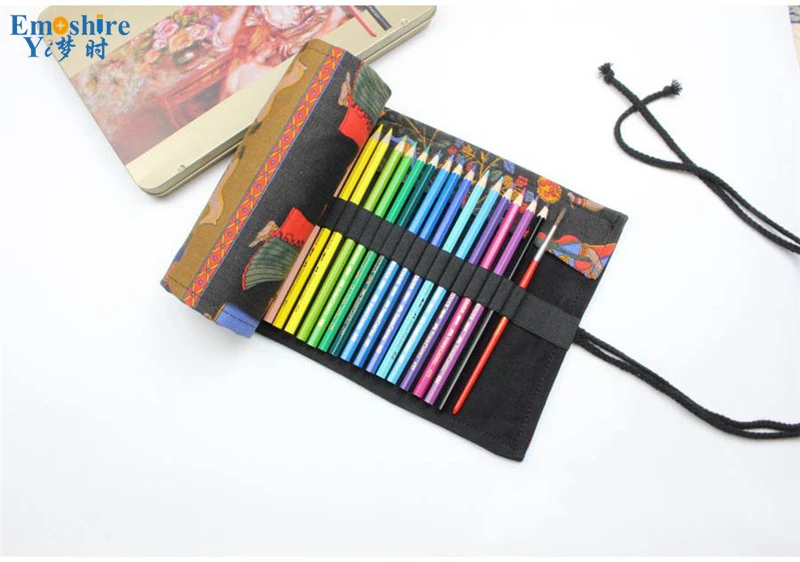 Emoshire Happy tree canvas hand cloth curtains color pencil case men and women pen bag roll stationery (9)
