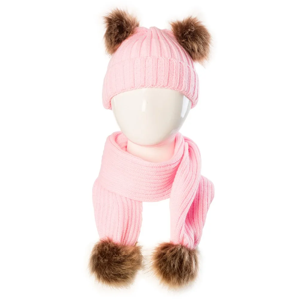 Puseky/зимняя теплая детская кукольная шапка; милая шапка с большим меховым помпоном; вязаный комплект; шапки для мальчиков и девочек; шарф+ шапка; один комплект