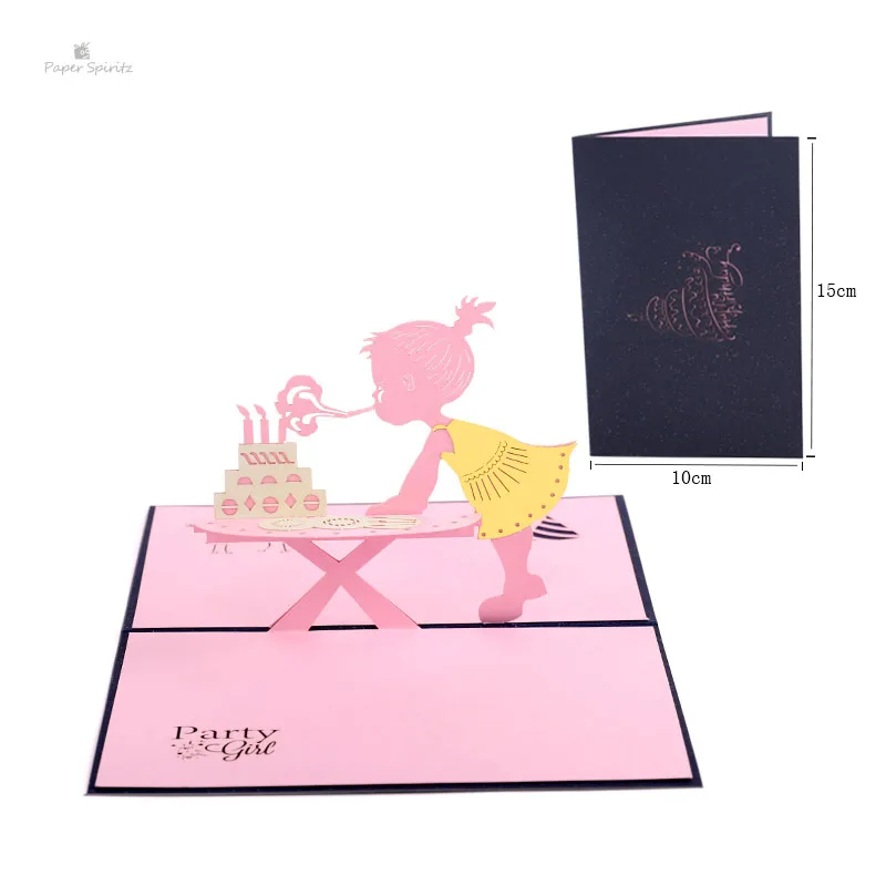  PAPER SPIRITZ girl Birthday laser paper pop up card with envelope blank invitations greeting kinder - 32891762477