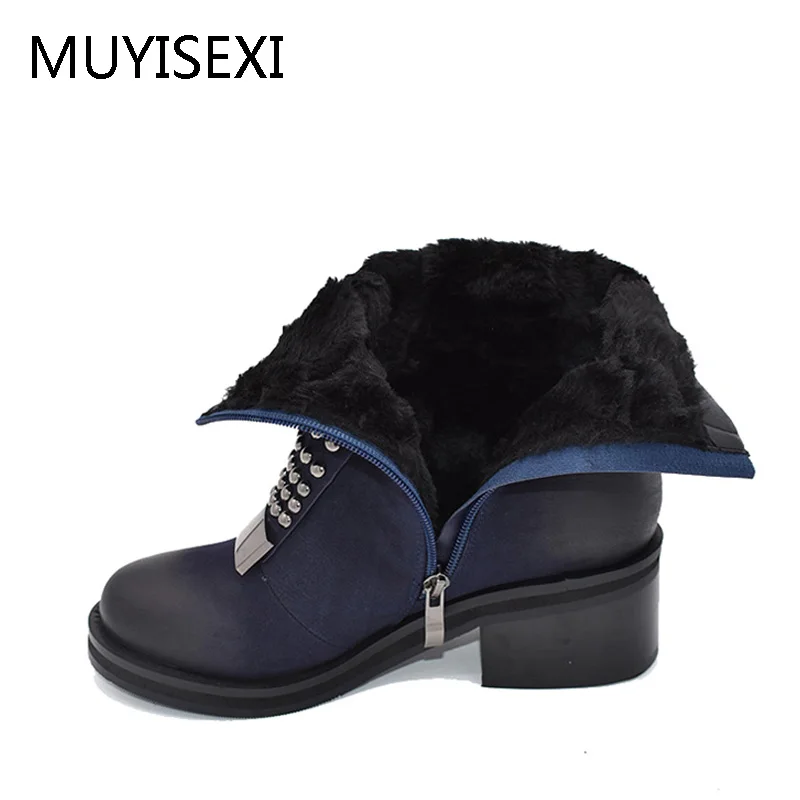 

Fashion Winter Ankle Boots For Women Comfortable Chunky Heel Ankle Boots Zipper Round Toe Warm Plush Boots Blue HF016 MUYISEXI