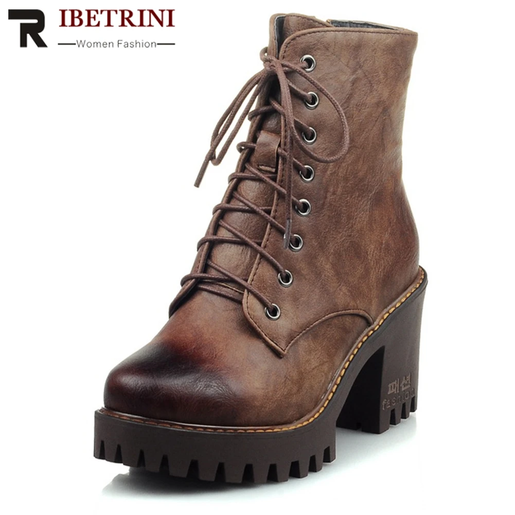

RIBETRINI New Retro Old Style Motorcycle Boots Woman Platform High Heels Lace Up Ankle Boots Woman Shoes Woman Large Size 32-43