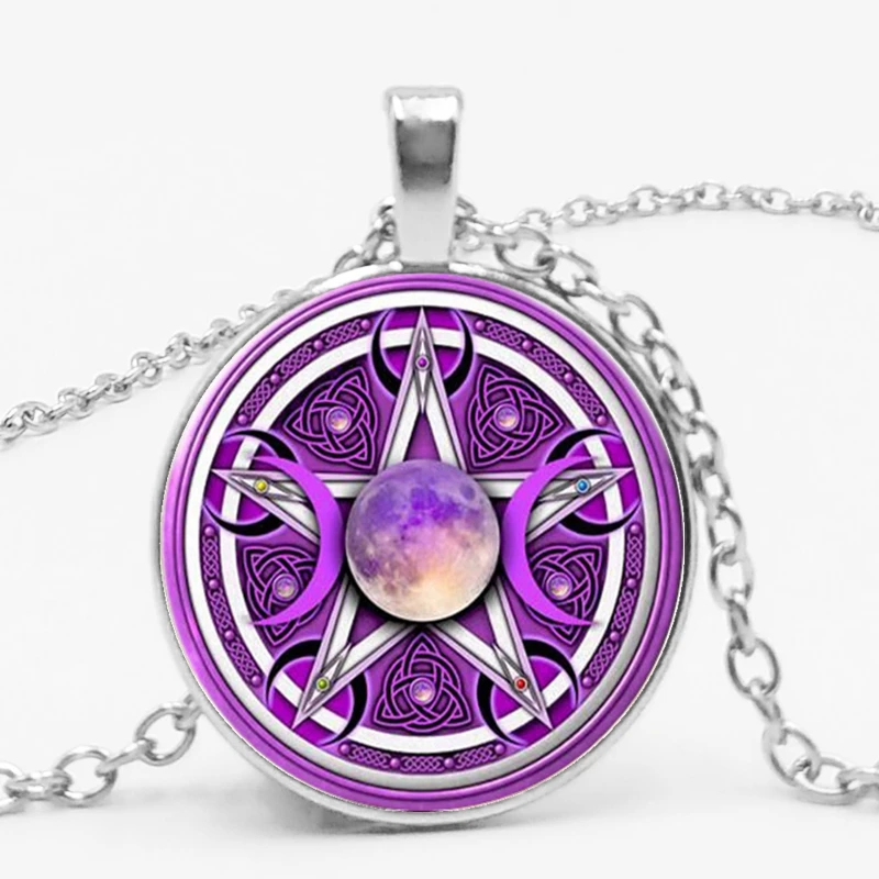 

2019/Penta Star Necklace Glamour Purple Triple Moon Goddess Pendant Wicca Men and Women Clothing Accessories Sweater Chain