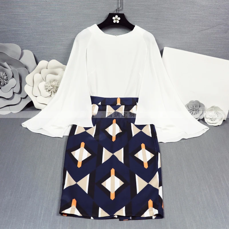 High Quality Spring Summer Two Piece Set Women Cloak Sleeve White Blouses Tops OL Printing Skirt Suits 2 Piece Set Women SL239