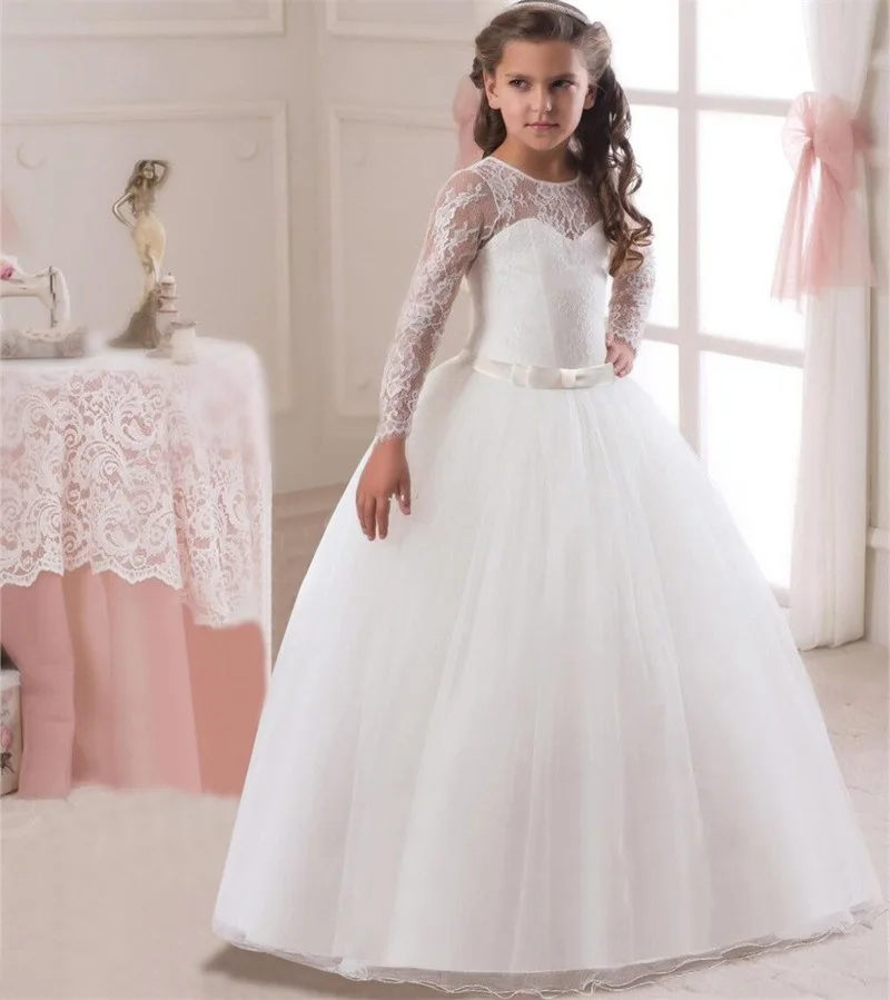 

2019 New Kids Girls Summer Formal Dress Long Sleeves Lace Round Neck Mesh Bowknot Princess Dress @ZJF