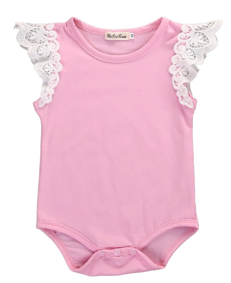 Летний комбинезон без рукавов с кружевным плечом для новорожденных девочек - Цвет: Розовый