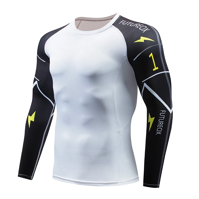 

New Men's Compressed 3D White Lightning Flower Arm Long Sleeve Men's T-Shirt Male Crossfit T-Shirt Men's Fitness Compression Shi