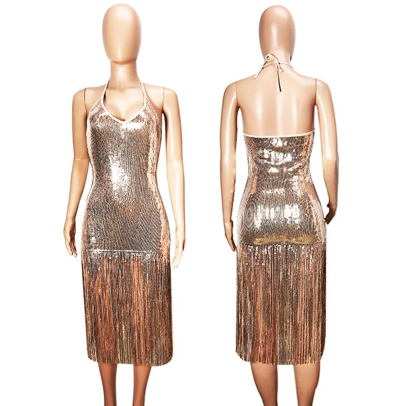 Rose Gold Black Silver Halter Fringe Bodycon Dress