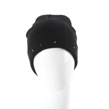 

B178190 ladies' acrylic ribbed stretchy and soft stud beanie with gunmetal stud