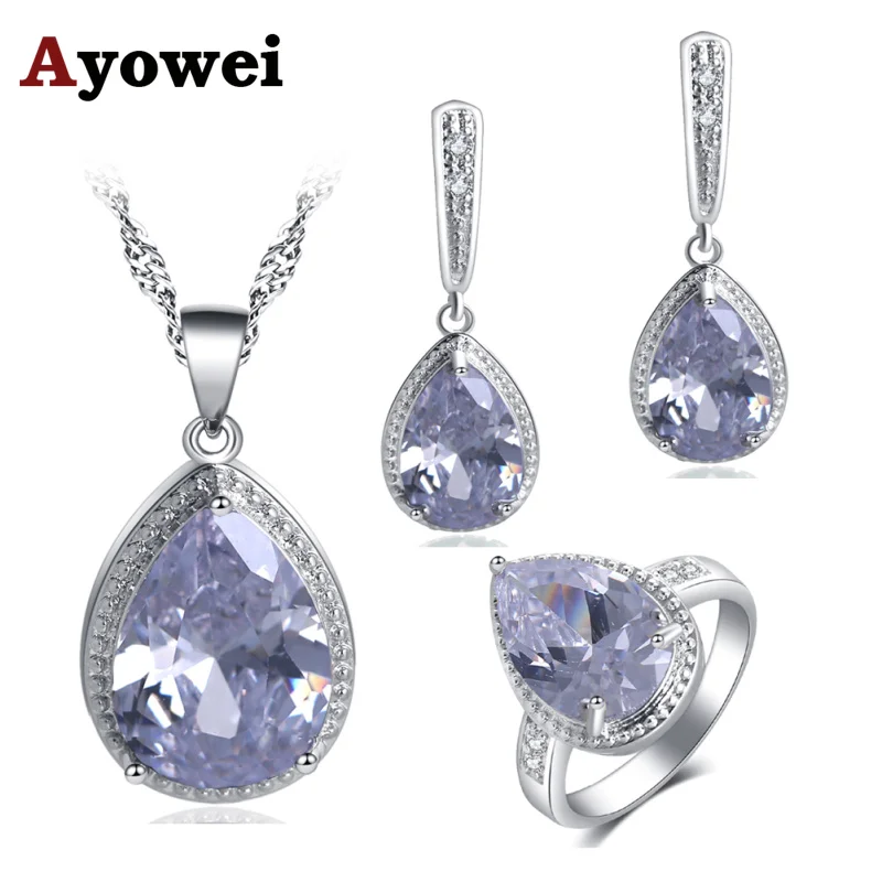 

Ayowei Anniversary jewelry Water Drop silver White Zircon White Crystal Necklace Pendant Earrings Jewelry Sets JS735A