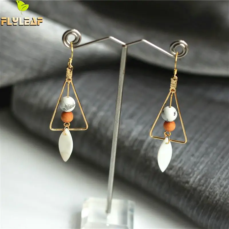 

Flyleaf 925 Sterling Silver Nature Shell White Stone Drop Long Earrings For Women Gold Triangle Dangle Earings Fashion Jewelry