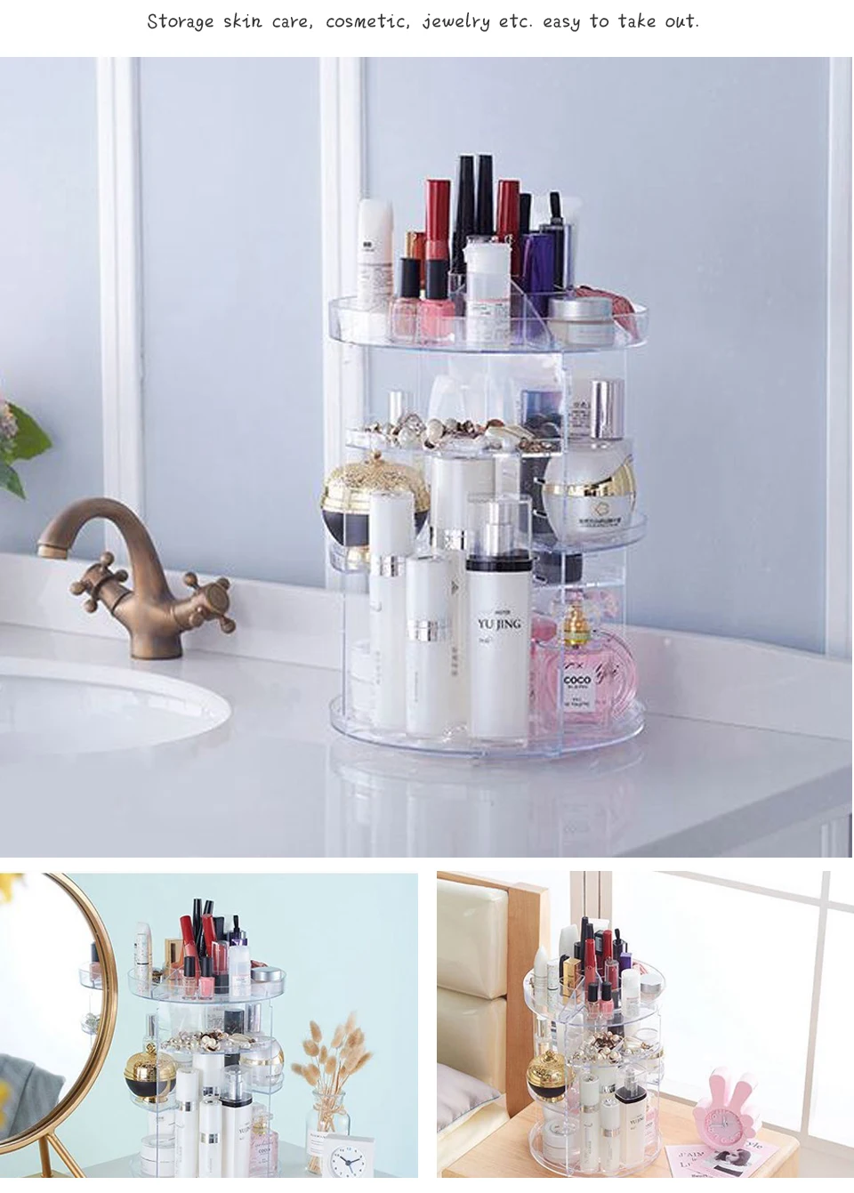 Makeup Organizer 360 Rotating Adjustable Storage Box Plastic Clear AcrylicTransparent Box Jewelry Necklace Nail Polish Cosmetic (6)