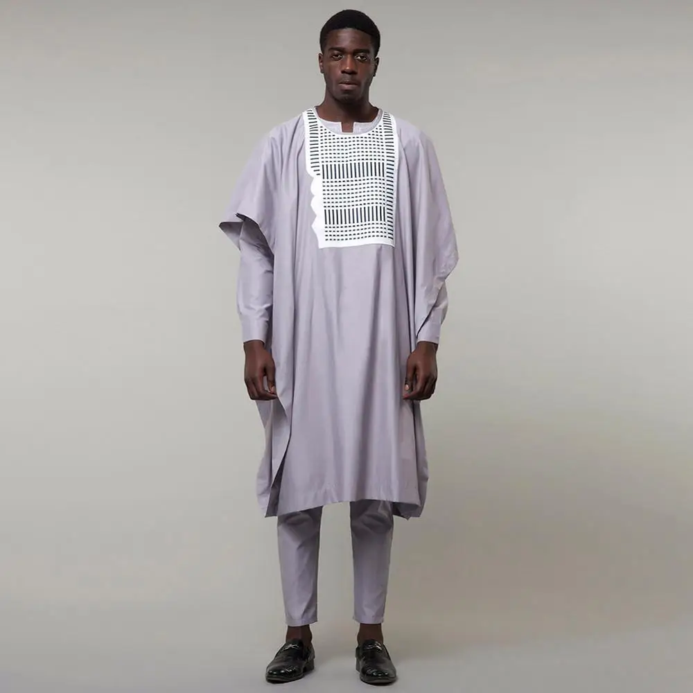 BOHISEN African Print Cotton Men Clothes 3 Pieces Bazin Agbada Long Sleeve Party Vogue Dashiki Formal Dress For Men - Цвет: Dashiki-Gray