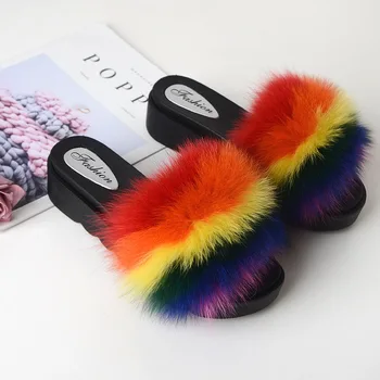 

Real Fox/raccoon Fur Slides Indoor Flip Flops Casual High Quality Sandals Fluffy Plush Shoes 2019 Newest Slippers