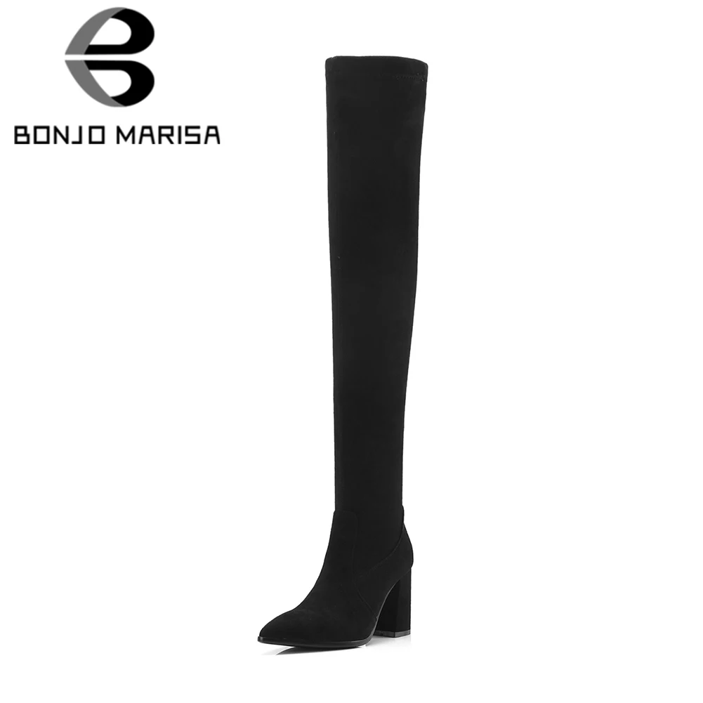 

BONJOMARISA 2019 Autumn Sexy Slim Stretch Over The Knee Thigh High Boots Women slip-on Black High Heels Shoes Woman 32-42
