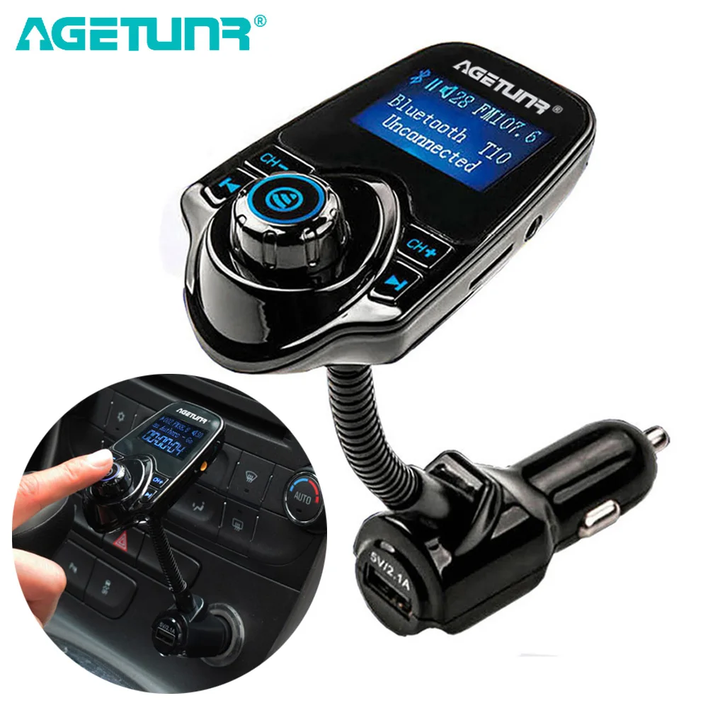 AGETUNR T10 Bluetooth Car Kit Handsfree Set FM Transmitter MP3 Music Player 5V 2.1A USB Car Charger, AUX Hole Line in & Line Out