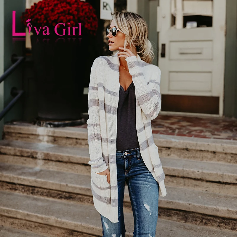 Liva Girl Spring 2019 Woman Long Sleeve Cardigan knitted Striped Sweater with Pocket Female Lady Loose Cardigans Clothing |