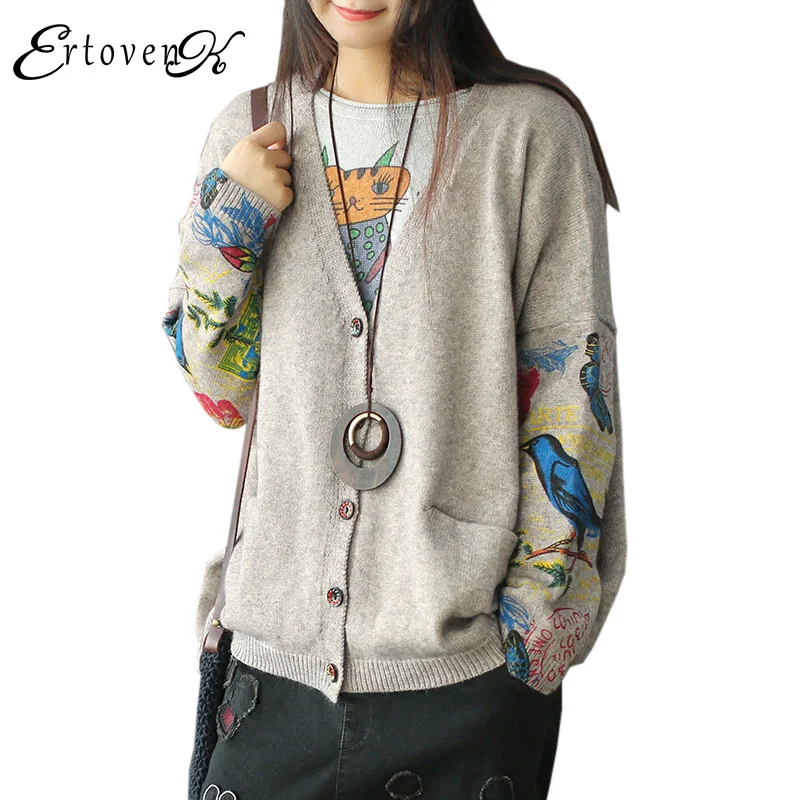 Printed Women Sweater Jackets Knitted Coats Autumn Winter New 2017 Tops Loose Plus Size Clothing 
