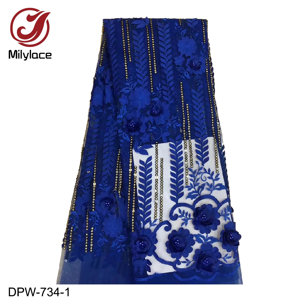 

Blue Lace Fabric High Quality 2019 3D Applique with Beaded Lace Fabric Nigerian Tulle Lace for Dresses DPW-734