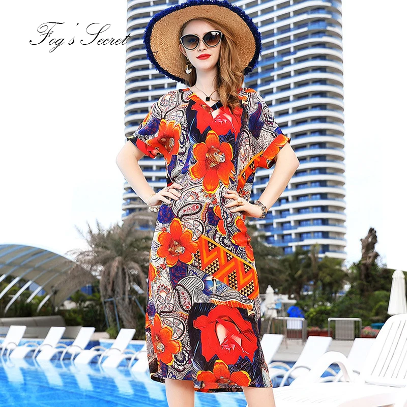 

Flower Dresses For Women Real silk Loose Long Casual Dress Print Plus size Unique Tribe Clothes XXXL L Size