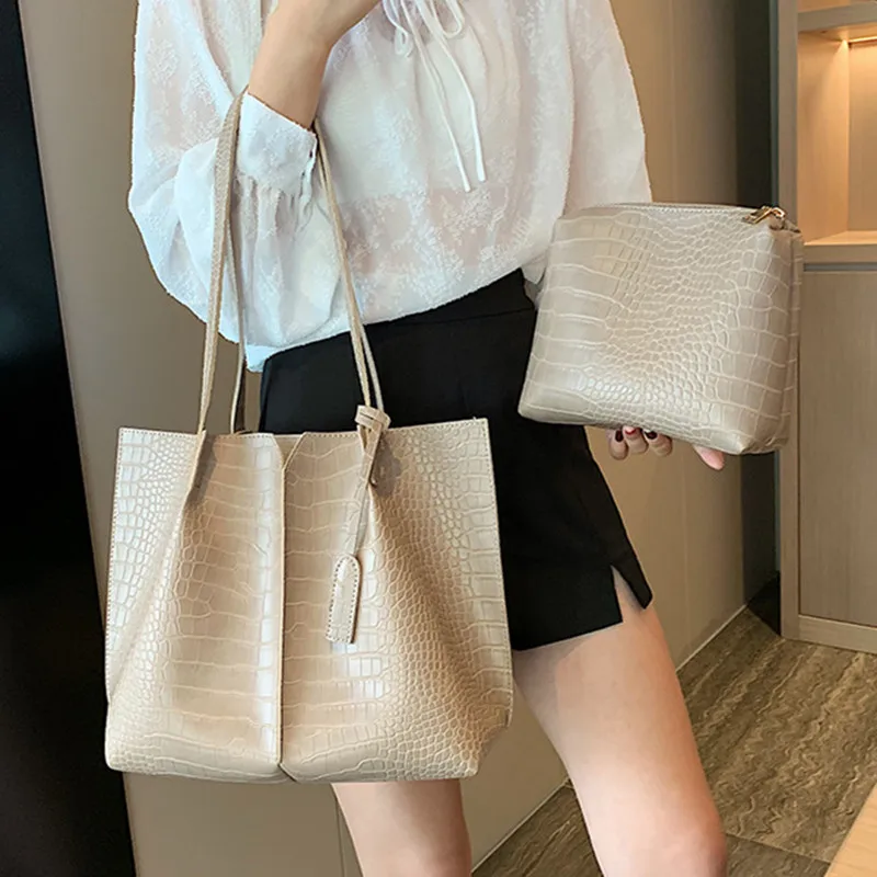 

2 Pcs Women Shoulder Bag Set Ruched Crocodile Alligator Ladies Composite Bag Large Capacity Female Handbag Shopping Travel Bags
