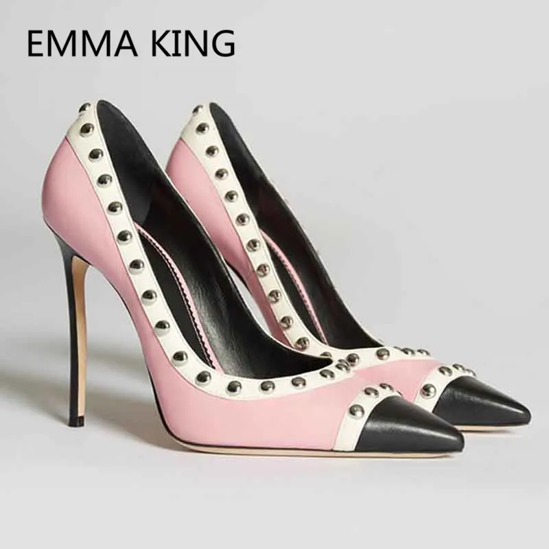 

Runway New Rivets Ladies Gladiator Pumps Shoes Spring Autumn Pointed Toe Fashion Mixed Color Stiletto Slip On Casual High Heels