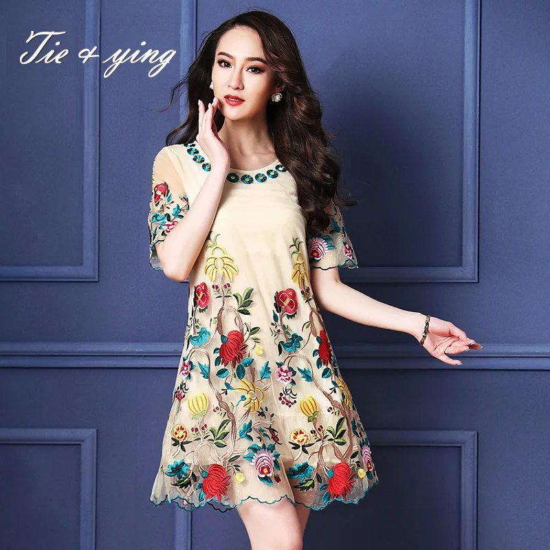 Embroidery black dress loose Net yarn O-neck shrot...