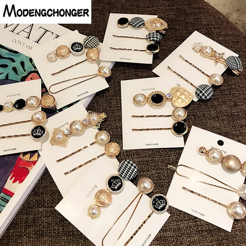 

For Girl Women 3/4 Pcs/Set Vintage Pearl Hair Clips Hairpins Metal Button Barrette Hairgrip Bangs Clip Jewelry Hair Accessories