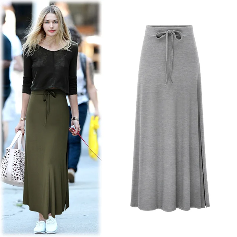 S-6xl Plus Size Summer Solid Knitted Long Pencil Skirt Womens2019 Autumn High Waist Lack Up Black Maxi Skirt For Women