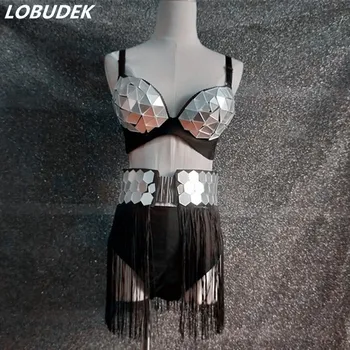 

Sparkling Mirrors Silvery god tassels Bikini Dance wear DJ DS Female Costume Nightclub Pole dance Stage Outfit sexy Catwalk show