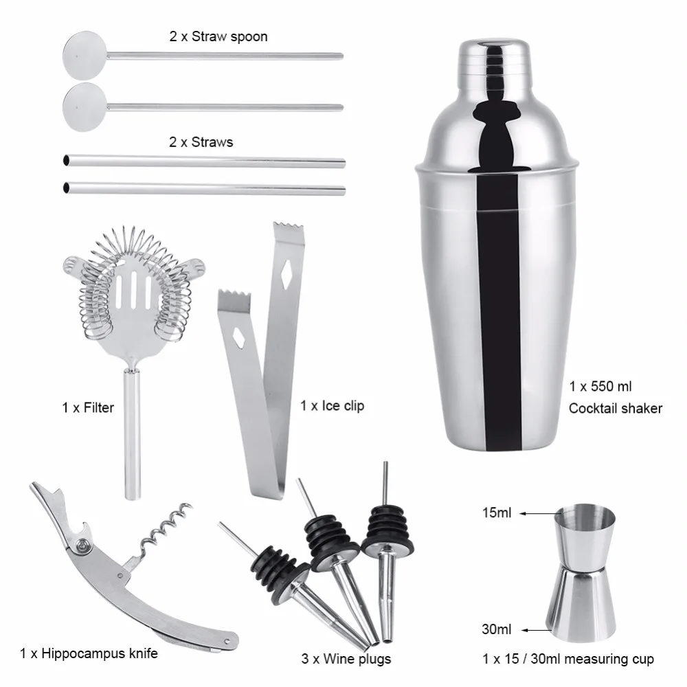 

12-piece set of bartending tools, bar toolbox stainless steel cocktail shaker set