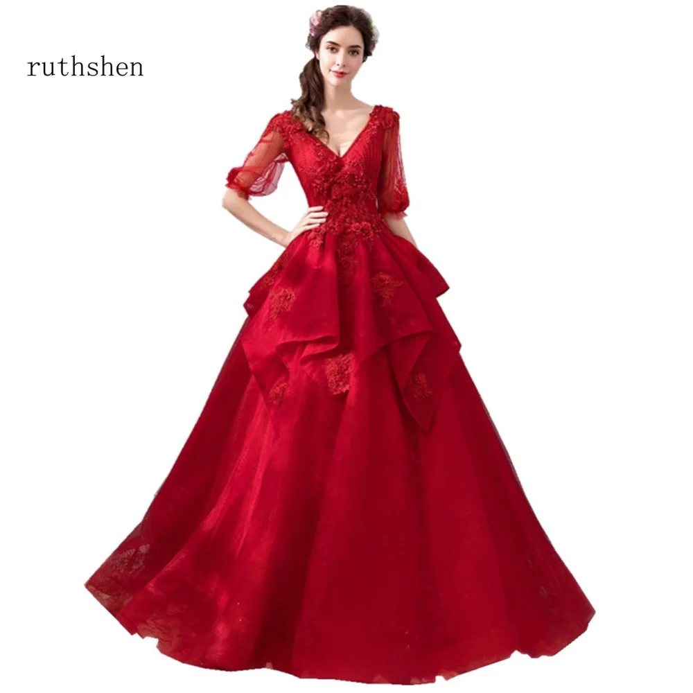 ruthshen Sexy V Neck Red Prom Dresses 2018 New Ball Gown Half Sleeves