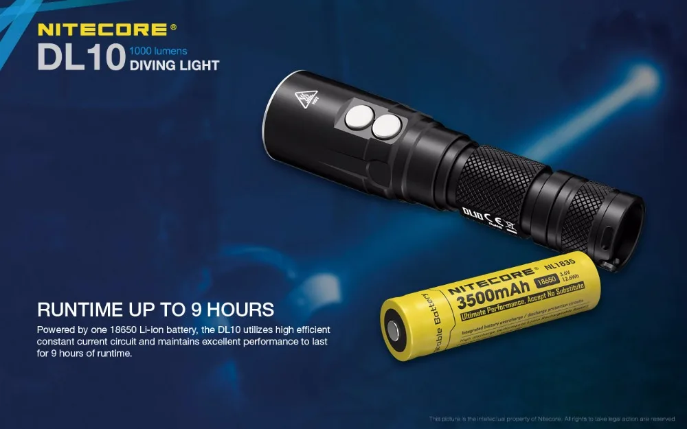 NITECORE DL10 фонарь для дайвинга CREE XP-L HI V3 Светодиодный max 1000 lume дальность луча 223 м водонепроницаемый 30 м двойной светильник для дайвинга